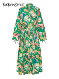 Green Print Colorblock Dress For Women Stand Collar Long Sleeve High Waist Loose Midi Dresses Female Clothing