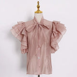 Patchwork Ruffle Shirt For Women Bow Collar Short Sleeve Solid Chic Blouse Femlae Fashion New Clothing