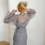 Spring Y2K Blouse Summer Sexy Black See Through Mesh Shirt Women Bubble Sleeve Long Sleeve Shirt Clothes Elegant
