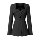 Elegant Patchwork Bowknot Blazer For Women Square Collar Long Sleeve Ruched Split Blazers Female 2022 Fashion