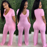 Fall Streetwear Black Pink One Piece Outfit Jumpsuit Women Short Sleeve V Neck Jumpsuits Wide Leg Fashion Bodycon