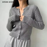 colors Women Cable Twist Knitted Cardigan Round Collar Center Buttons Sweater Full Sleeve Short Jumper Gray-Outfit