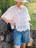 Embroidery Art White Top Women's Sleeves Holiday Blouse Women's Niche Design Women's Shirt