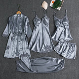 Large-Size Pyjamas Women's Ice Silk Sexy Hot Home Clothes Spring And Autumn Long-Sleeved Thin Bathrobe Five-Piece