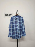 Women's Denim Shirt Loose Patchwork Burrs Edge Distressed Checkered Single Breasted Diamond Blouse 2024 Summer New Fashion-Outfit