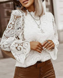 Lace Hollow Shirt Blouse Woman Spring Fall Fashion Long Sleeve O-neck Shirts Top Femme White Vintage Loose Women Clothing-Outfit