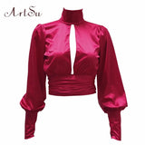 Women Sexy Lace Up Bow Satin Blouse Turtleneck Shirt Backless Blouses Blusas Women Puff Sleeve Crop Top Spring