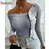 Sexy Women Buttons Patchwork White Knitted Jumper Sweaters Long Sleeve Off Shoulder Thin Skinny Autumn 2020 Basic