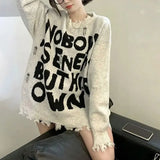 Clothing Letter Printed Sweaters Korean Loose Autumn Winter Stylish Frayed Casual Round Neck Knitted Long Sleeve Jumpers-Outfit