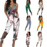 Women Jumpsuit Spaghetti Strap Mixed Print Slit Leg Jumpsuit Sexy V-Neck Jumpsuits for Women Clubwear Outfits