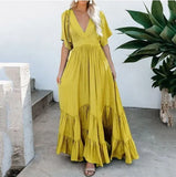 Maxi Dresses For Women Summer 2022 Loose Flounced Edge V Neck Solid Color High Waist Bohemian Beach Long