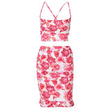 Floral Print Women 2 Piece Set Strap Camis Lace Up Cross Bandage High Waist Wide Leg Pants Elegant Party Club