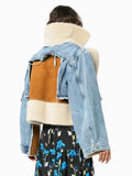 Casual Blue Turndown Collar Fleece Patch Denim