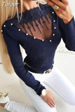 2023 New Sexy Tight Sweater Women Ladies Fashion Slim Lace Beading Hollow Out Neck Sweater Knitshirt