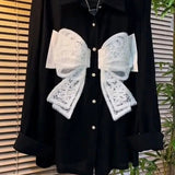 Women's Clothing Fashion Bow Lace Patchwork Blouse Sweet Commute Chic Single-breasted Spring Autumn Korean Polo-Neck Loose