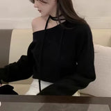 Korean Chic Spring French Temperament Irregular Oblique Collar Open Shoulder Loose Casual Tie Long-Sleeved Sweater Woman-Outfit
