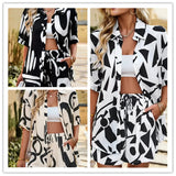 Sets Women Print Two Piece Suit Half Sleeve Shirts Button Lapel T Shirt Drawstring Trousers Ladies Summer Matching Set-Outfit