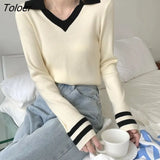 Korean Fashion V Neck Sweater Women 2023 Spring Slim Fit Cropped Pullovers Woman Mixed Color Long Sleeved Knitwears