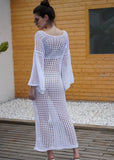 Vacation White Long Sleeve Cover Up Crochet Knitted Beach