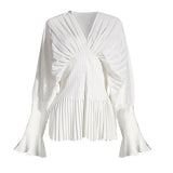 Causal Blouses For Female V Neck Flare Long Sleeve High Wiast Pleated Women Shirts Clothes Fashion 2022 Spring