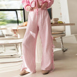 Women's Y2K Wide-Leg Long Pants Plaid/Stripe Print Side Tie-Up Hollowed Out Aesthetic Loose Trousers Casual Bottoms-Outfit
