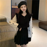 Spring Splicing Bubble Sleeve Knitted Sweater Women's Season Design Sense Niche Lotus Side Long Sleeve