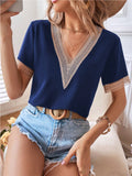 New Women's Dress Lace Lace V-Collar Solid Color Loose Blouse Temperament Commuter Short-Sleeved Shirt-Outfit