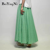 Linen Cotton Vintage Skirt Women Solid Beach Boho Pleated Maxi Skirts Summer Fashion Retro Elastic Waist Saia