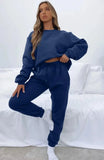 Piece Sets Women Solid Round Neck Tops Autumn Sweatshirts Loose Straight Long Pants Set Lace Up Tight High Waist 2023-Outfit