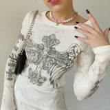 Women Vintage Y2K Grunge T-shirt Long Sleeve O Neck Gothic Cross Angel Wings Printed Retro Rhinestone Slim Fit Tops-Outfit