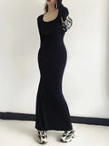 Sexy Square Collar Knitted Cotton Maxi Long Mermaid Dress Women Full Sleeve Stretch Basic Bodycon Fishtail Robe Vestido-Outfit