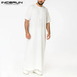 Men Muslim Kaftan Short Sleeve Solid Color O Neck Jubba Thobe Abaya Casual Dubai Saudi Arabia Islamic Men Robes
