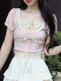 Lace Sweet Tops Women Designer Patchwork Ruffle Cute Tops Female Korean Fashion Strappy Bow Skinny Kawaii Party Tops