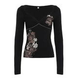 Flower-Print Cross-Chest Type V-Neck Dress Autumn New Temperament Long Sleeve Bottom T-Shirt