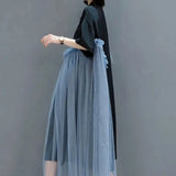 Fashion Applique Dresses Korean Gauze Spliced Asymmetrical Summer Shirring Vintage Single-breasted Polo-Neck Midi Dress-Outfit