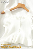 2023 Y2K Buttons Cute Women Cropped T-shirt New Streetwear Stripe Sexy Summer OFF White Ruffles Sleeveless