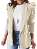 Women's Puff Sleeve Jackets For Women 2023 Spring Autumn Fashion Solid Pocket Coats Casual Office Lady White Blazers-Outfit