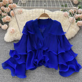 Spring Autumn Women Irregular Ruffle Draped Tops Female Elegant V-Neck Flare Long Sleeve Short Tops Vintage Blouse New Blusas 618-1-Outfit