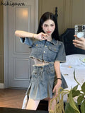Skirts Outfits Vintage Denim Two Piece Set Women Short Sleeve Crop Tops High Waist Pleated Mini Skirt Suit Y2k