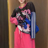 Cartoon Letter Printed Pullovers Casual Loose Summer Thin Round Neck Women's Clothing Fashion Spliced Basic Gauze