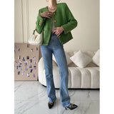 Women's Green Dual Pocket O Neck Relax Fit Tweed Jacket Long Sleeve Casual