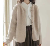 Soft Waxy Round Neck Long-Sleeved Knitted Cardigan Women's 2024 Autumn And Winter Short Lazy Style Solid Color Sweater Jacket-Outfit