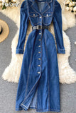 Vintage Blue Denim Dress Women Autumn Lapel Collar Full Sleeve Single breasted Korean Work OL Jeans Long Maxi