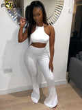 Summer Casual 2 Two Piece Sets Women Outfits 2022 Sleeveless Backless Crop Top Skinny Flare Pants White Matching