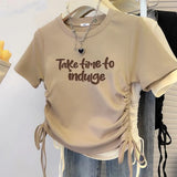 Women's Round Neck Drawstring Bandage Printing Pullover Letter Summer Short Sleeve Graphic T-shirt Casual Clothes Sweet Tops-Outfit