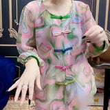 Folk Printed Blouse Female Clothing Commute Long Sleeve Spring Autumn Casual O-Neck Fashion Chinese Disc Buckle