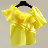 Ruffle Trim T Shirt For Women Irregular Collar Puff Sleeve Solid Loose T Shirts Female Summer Clothing Style