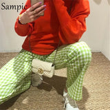 Vintage Summer Casual Chic Y2K Women Green Plaid High Waisted Baggy Pants Jogger Long Trousers Wide Leg Sexy Pants