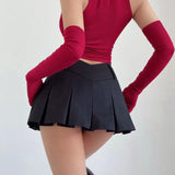 Pleated Mini Skirt Women V-shaped Low Rise Summer 2023 Sexy Vintage Y2k Solid A-line Miniskirt Korean Acubi Fashion 425-0-Outfit