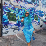 Graffiti Print Women's Midi Dresses Zipper Deep V Outfits Clubwear Skinny Long Sleeve Bodycon Dress Streetwear